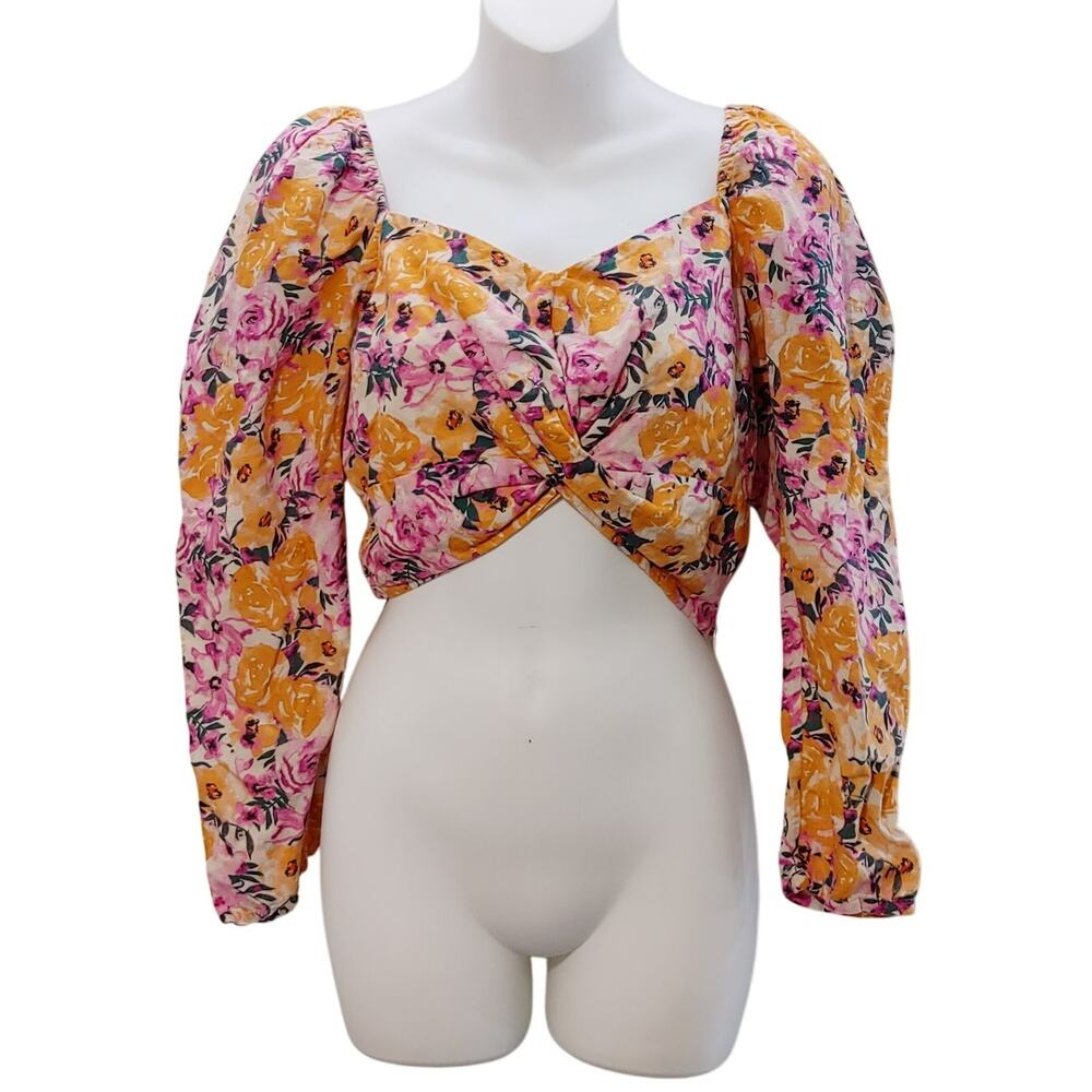 Something Navy Blouse Top Floral Puff Shoulder Cropped Multicolor Womens Medium